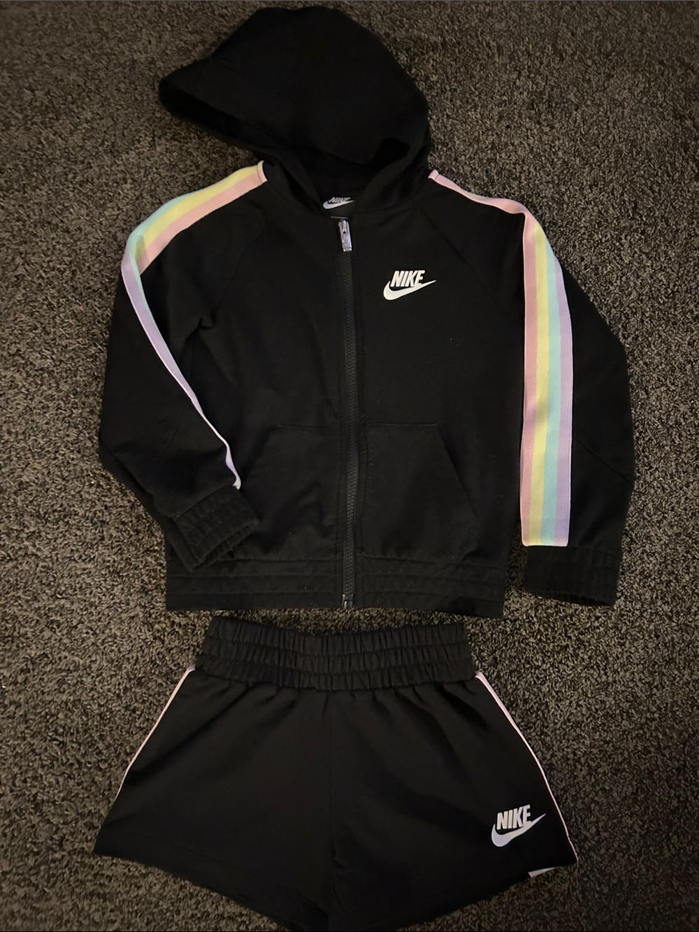 Nike Black Hoodie & Shorts Set with Pastel Rainbow Stripes